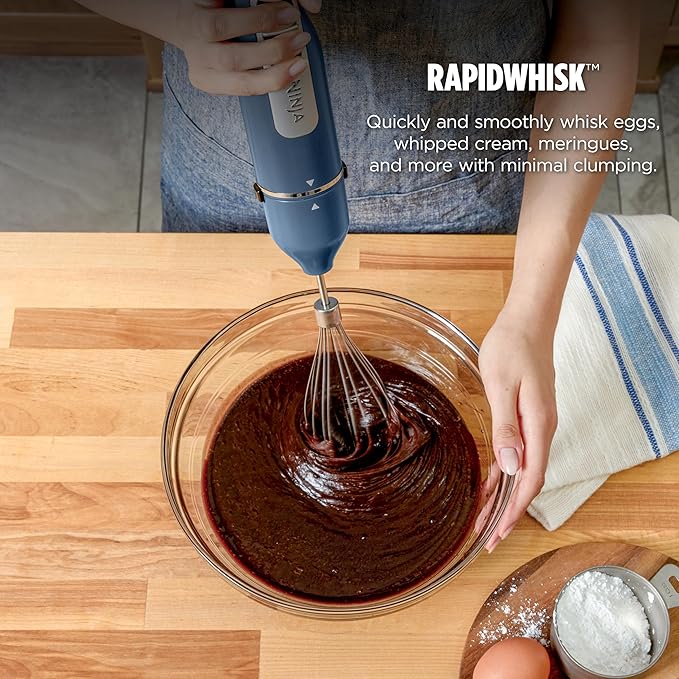 Ninja Immersion Blender and Whisk, Hand Stick Blender, 4 Speeds, with SplatterShield and PanProtect, 4-Cup Blending Vessel, Dishwasher Safe, 5-ft Cord, Ergonomic, Deep Navy, CI201ND
