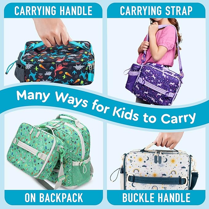 Bentgo Kids Lunch Bag - Durable, Double-Insulated Lunch Bag for Kids 3+; Holds Lunch Box, Water Bottle, & Snacks; Easy-Clean Water-Resistant Fabric & Multiple Zippered Pockets (Dinosaur)