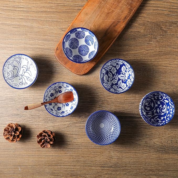 Selamica Ceramic 4 OZ Dipping Bowls Set, 3.5 Inch Mini Bowls for Dipping, Side Dishes, Microwave Dishwasher Safe, Set of 6, Vintage Blue