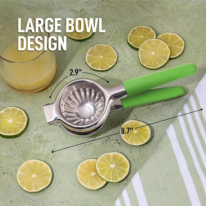Zulay Kitchen Lemon Squeezer Stainless Steel with Premium Heavy Duty Solid Metal Squeezer Bowl and Food Grade Silicone Handle - Large Manual Citrus Press Juicer and SS Lime Squeezer (Light Green)
