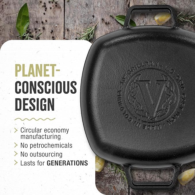 Victoria Cast Iron Square Grill Pan with Double Loop Handles, Made in Colombia, 10 Inches