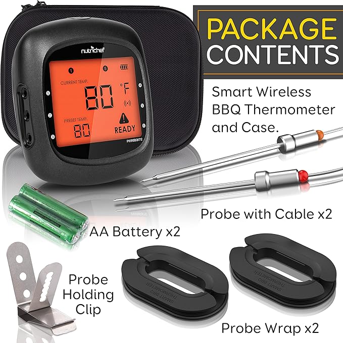 NutriChef Smart Bluetooth BBQ Thermometer with Travel Zip Case, Upgraded Stainless w/ 2 Temperature Probes, LCD Display, Done Alarm Android iPhone, Gas Charcoal BBQ Smoker Temp Monitoring