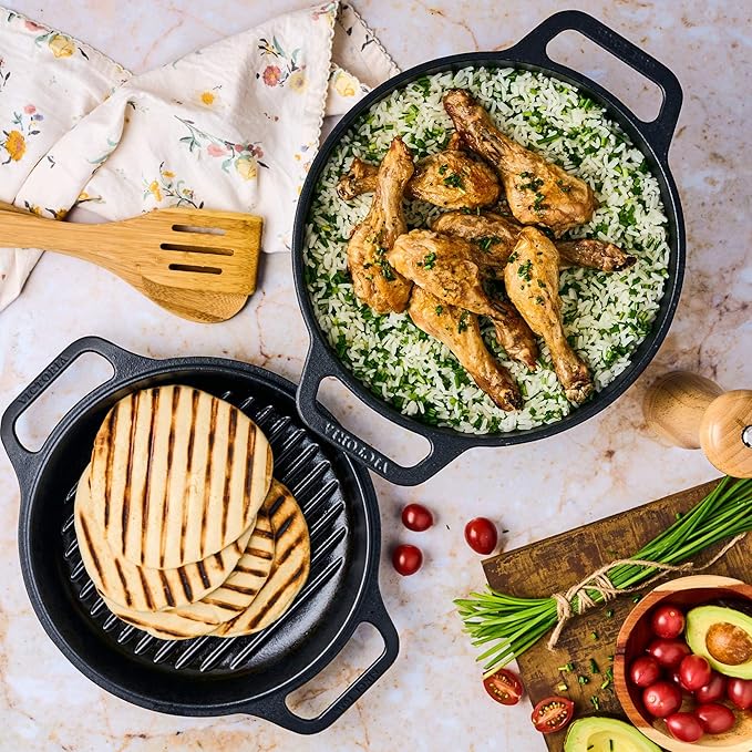 Victoria 6-Quart Cast Iron Combo Cooker, Combination Dutch Oven and Skillet, Made in Colombia, 2-Piece Set
