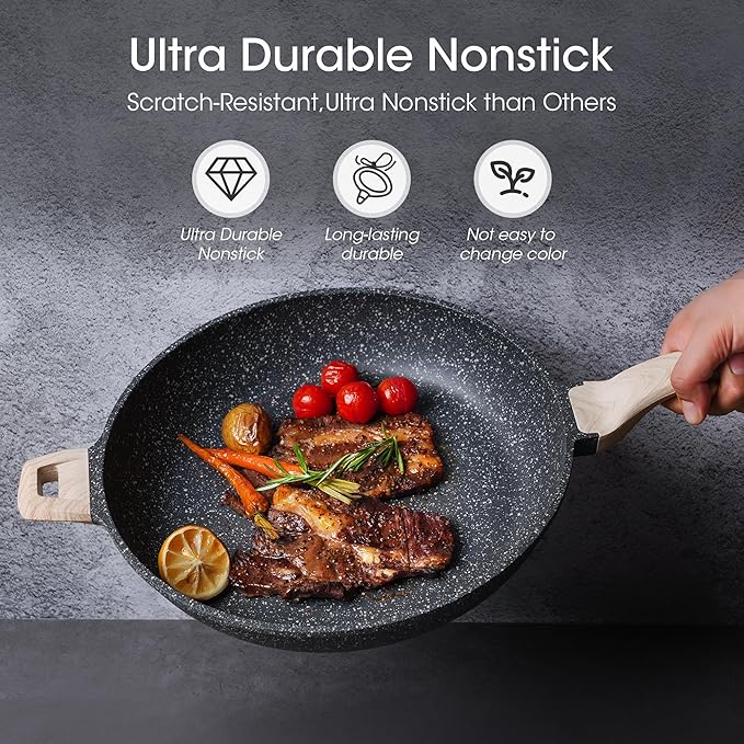 CAROTE Non Stick Frying Pan Skillet,12.5" Nonstick Skillet with Glass Lid, Granite Cookware Chef's Pan, PFOA Free (Classic Granite, 12.5-Inch)