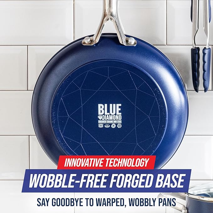 Blue Diamond Frying Pan 8” Skillet, Diamond Infused Healthy Ceramic Nonstick, PFAS and PFOA-Free, Dishwasher and Oven Safe, Even Heating, Metal Utensil Safe, Warp Control Base, Blue (Pack of 4)