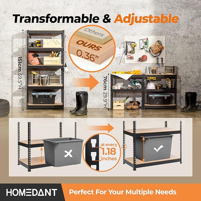 HOMEDANT 28"W x 12.3"D x 59.5"H 5-tier Boltless Metal Shelving Unit Adjustable Garage Storage Utility Rack Heavy Duty Shelves Organization Multipurpose Shelf Warehouse Kitchen Living Room pantry 1Pack
