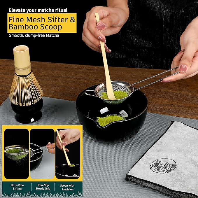 6 Pcs Matcha Whisk Set | Matcha kit with Black Bowl, Bamboo Whisk, Scoop, Sifter, Holder for whisk & Cleaning Cloth, Traditional Matcha Set in Magnetic Gift Box