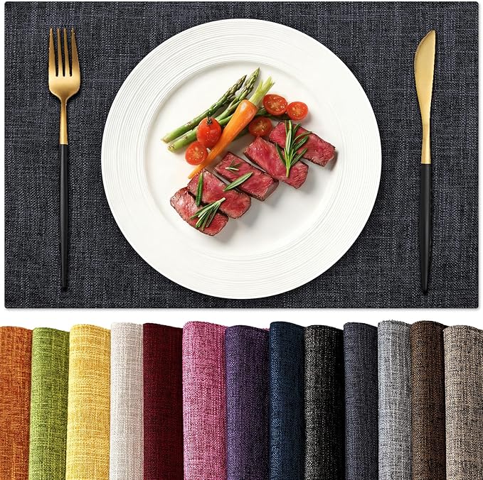 KXN Placemats Set of 6, Dual-Layer Thickened Faux Linen Table Mats, Heat Resistant & Wrinkle-Free, Machine Washable Cloth Place Mats for Kitchen Dining Indoor Outdoor (Dark Grey)