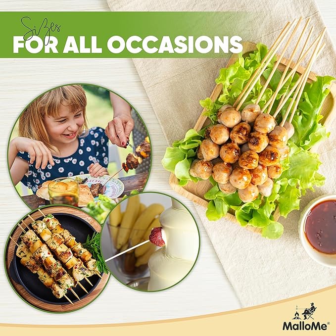 MalloMe XL Bamboo Skewers 12 Inch 100 pcs - 4mm Thick Bamboo Sticks - Heavy Duty Wooden Shish Kabob Skewers for Grilling - for Kebab BBQ Grill Hot Dog, Candy Apple Smores Sticks Wood Skewer Appetizers