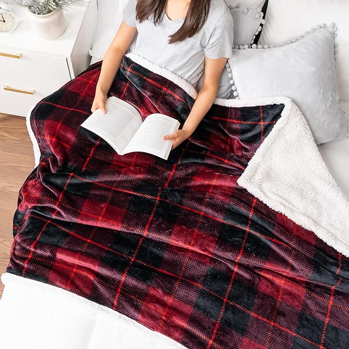 PAVILIA Red Plaid Sherpa Throw Blanket for Couch, Plush Flannel Fleece, Soft Fuzzy Cabin for Sofa Bed, Warm Cozy Winter Gift, 50x60