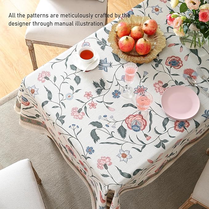 ISAENNE Designer Chinoiserie Linen Floral Square Tablecloth,White Wrinkle Resistant Table Cloth,Elegant Decor Tablecloths for Dining Thanksgiving Kitchen Party Christmas,67"*67"-Daffy