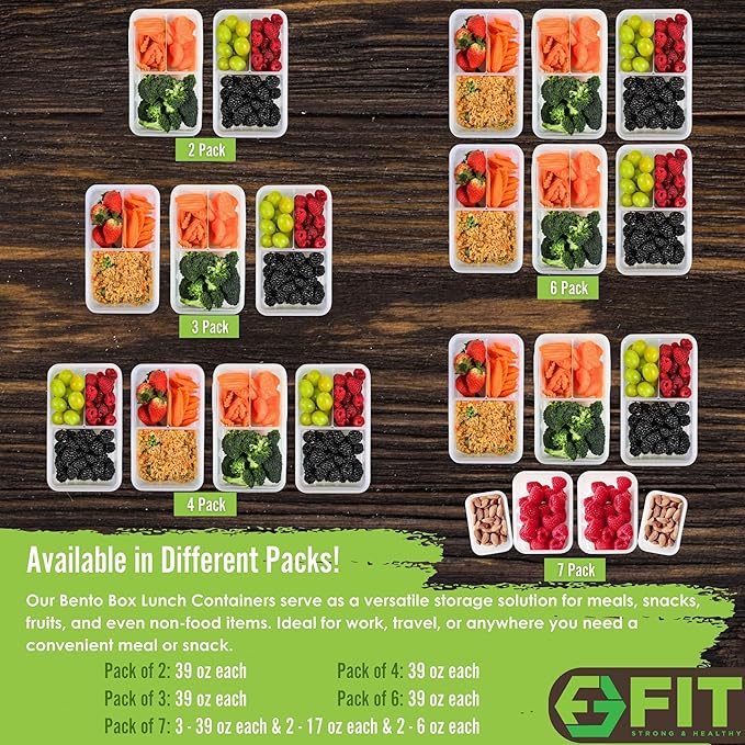 Bento Box for Kids and Adults - Reusable Lunch Box Meal Prep Containers - 3 Compartment Snack Box Container with Airtight Lid - Dishwasher, Freezer, Microwave Safe Food Snack Storage (39 oz, 3 Pack)
