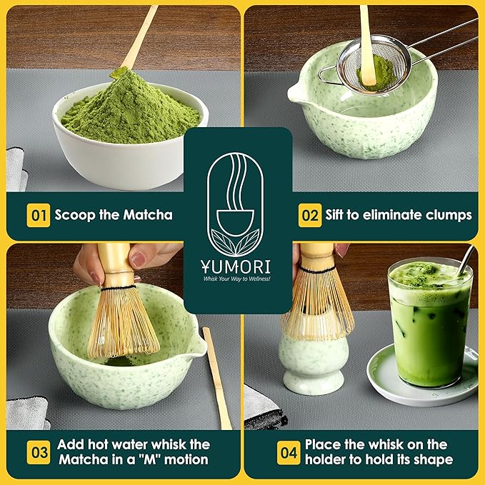 6 Pcs Matcha Whisk Set | Matcha kit with Mottled Green Bowl, Bamboo Whisk, Scoop, Sifter, Holder for whisk & Cleaning Cloth, Traditional Matcha Set in Magnetic Gift Box