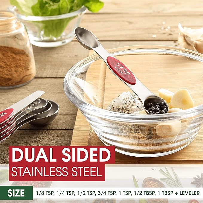 Spring Chef Red Stainless Steel Magnetic Measuring Spoons Set of 8 with Leveler, Dual Sided Nesting Teaspoon & Tablespoon Measuring Spoons, Kitchen Gadgets for Baking & Cooking, Fits in Spice Jars