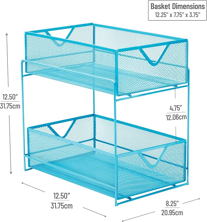 Mind Reader Accessory Organizer, Supply Storage, Makeup, Crafts, Office, Kitchen, Metal Mesh, 8.25"L x 12.5"W x 12.5"H, Blue