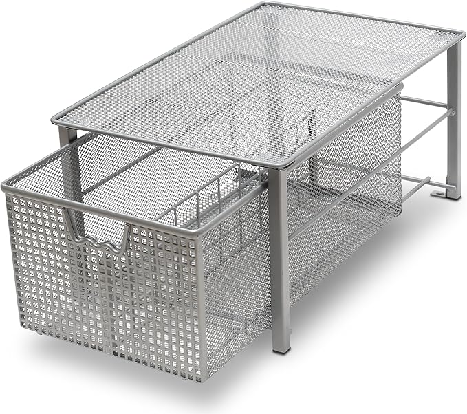 Deco Brothers Stackable Pull Out Cabinet Sliding Basket with Dividers, Large, Silver
