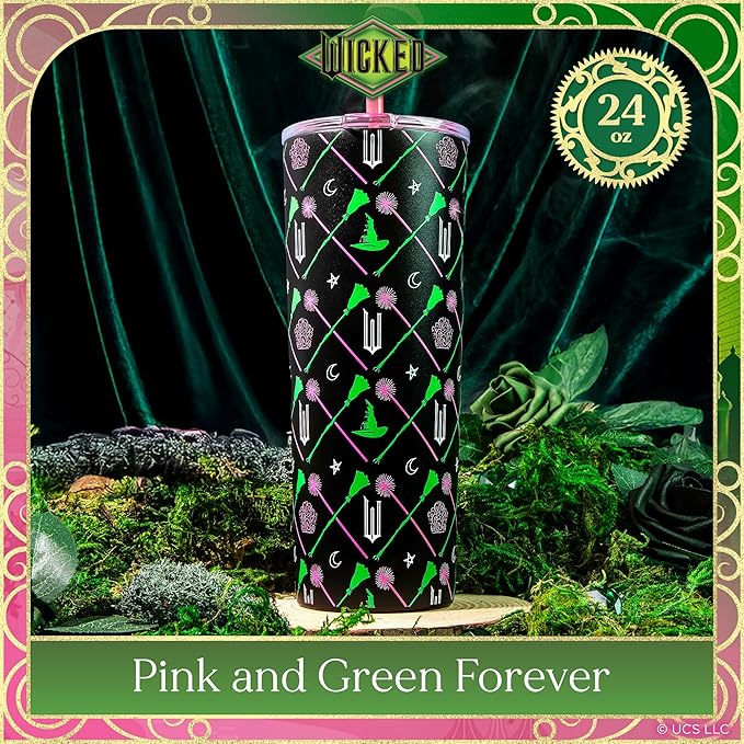 Dragon Glassware x WICKED Vacuum Insulated Tumbler with Lid and Straw - 24 oz Tumbler Cup with 2 Straws - Stainless Steel Tumbler with Straw for Water, Iced Tea - Wicked Movie Green Tumbler with Straw