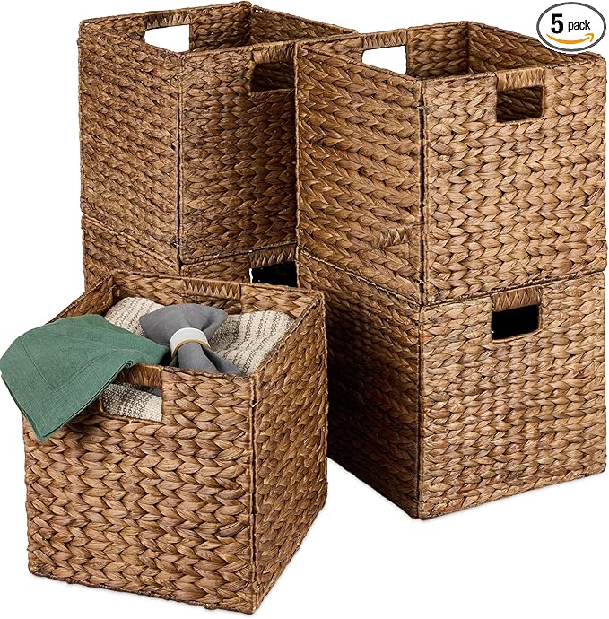 Best Choice Products 12x12in Pack of 5 Cube Storage Baskets, Water Hyacinth Multipurpose Collapsible Organizers, Handwoven Laundry Totes for Laundry, Living Room, Kids Room & Nursery - Chestnut