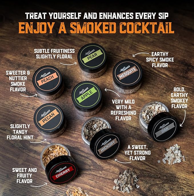 Whiskey Smoker Kit with Torch and Butane - 8 Flavors Wood Chips, 100% USA Oak Smoker, High-End Set - Cocktail Smoker Kit for Drinks - Old Fashioned Bourbon Smoker Gift Set for Men