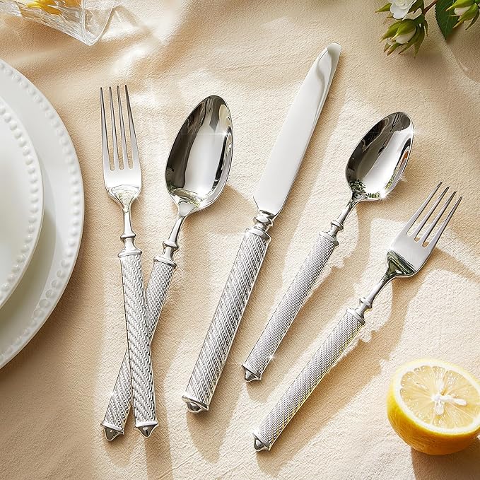 KINGSTONE Retro Rope-Pattern Silverware Set, 5-Piece Flatware Set Cutlery Set Forged with Handcrafted Texture Handles 18/10 Stainless Steel, Dishwasher Safe
