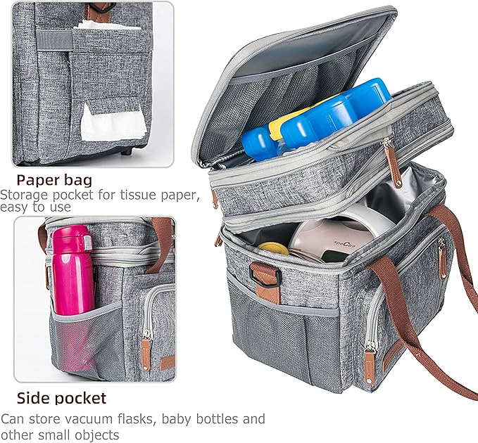 MOV COMPRA Adult Lunch Box for Work, Expandable Large Lunch Bags for Women Men, Leakproof Double Deck Lunch Box Cooler Tote Bag with Removable Shoulder Strap (Grey)