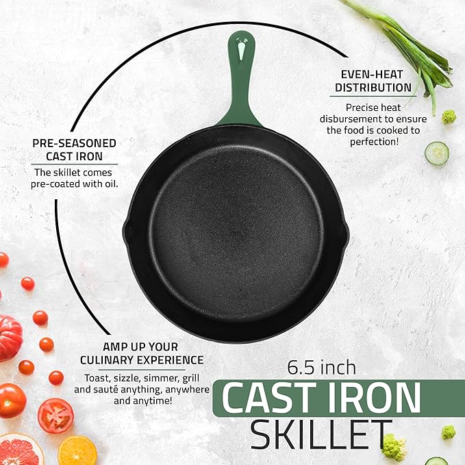 Utopia Kitchen Cast Iron Frying Pan 6.5 Inch, Cast Iron Chefs Pan, Pre Seasoned Skillet, Safe Grill Cookware for Indoor & Outdoor Use, Green