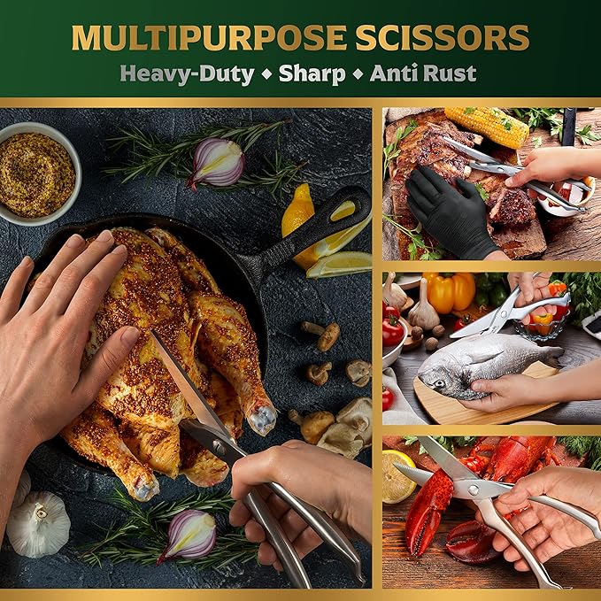 Heavy Duty Stainless Steel Poultry Shears For Bone, Chicken, Meat, Fish, Seafood, Vegetables. Premium Spring Loaded Food Scissors. All metal Kitchen Shears.