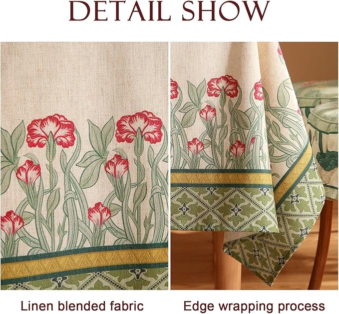 patdrea Designer Vintage Tablecloth for Rectangle Table,Green Linen Leaves Pattern Extra Long Table Cloth,Cover Decor for Kitchen Dining Christmas Thanksgiving,Tea Party,63"x110"-Cecilia D