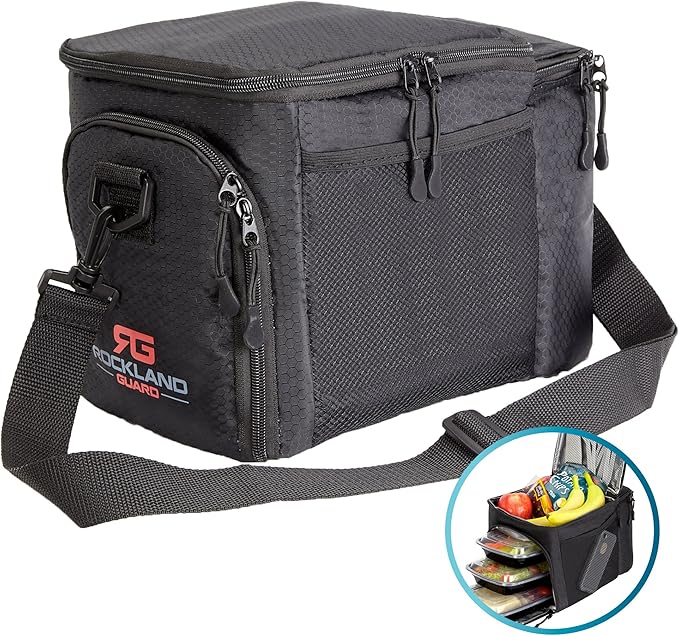 Rockland Guard Insulated Lunch Bag for Men - Lunch Box for Women with Compartments for Meal Prep Containers, Bottles, Snacks, Extra Storage Pockets - Lunchbox for Work, Travel, Picnic, Camping - Black