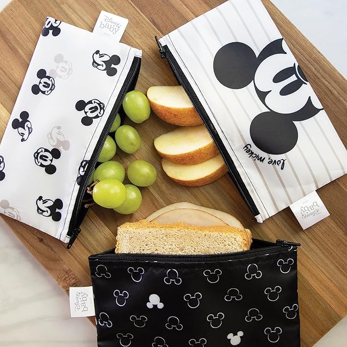 Bumkins - Cloth Snack & Sandwich Bags - For Storage, Travel, Food Prep, Lunch - Reusable, Water Resistant, Washable, Dishwasher Safe - Snack Bags for Kids - Zipper Closure - Love, Mickey - 3 Pack