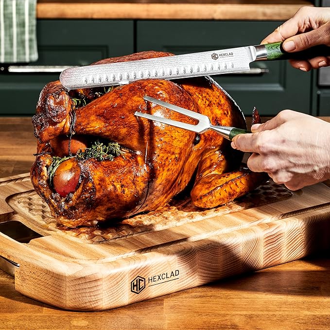 HexClad Hybrid Beechwood Carving and Cutting Board with Stainless Steel Drip Tray, Carrying Handle, and Juice Trenches, Double-Sided