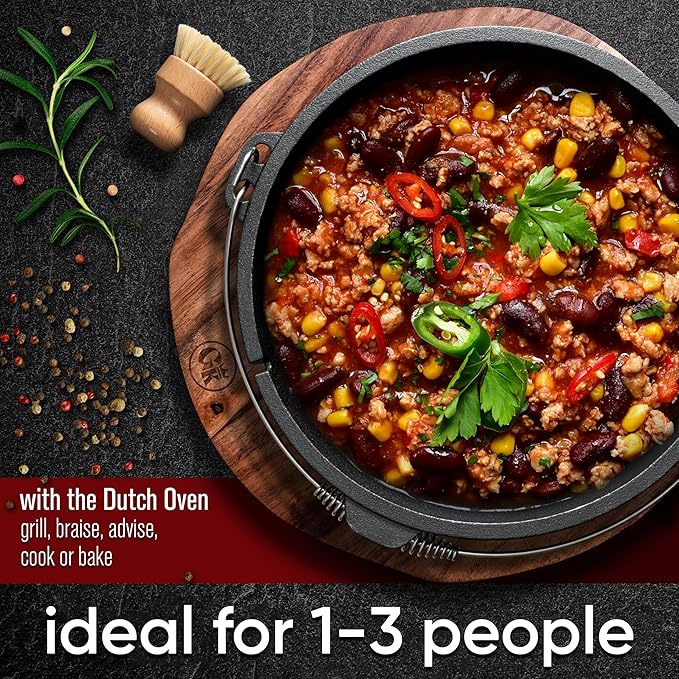 Pre-Seasoned Dutch Oven Set - 5 Quart Cast Iron Dutch Oven Pot with Lid, Fire Pot without Feet for Bread Baking & Cooking - Includes 2-in-1 Lid Lifter, Brush & Recipe Book [for 1-3 People]
