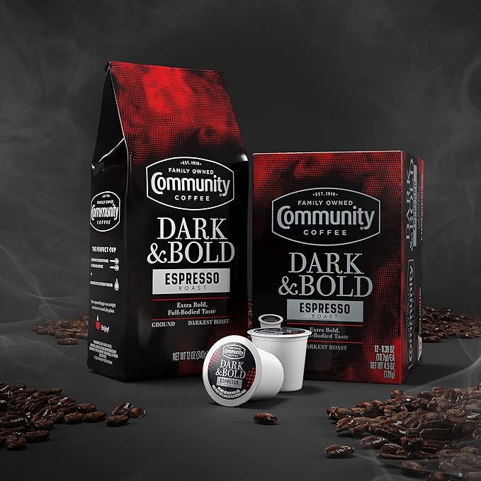 Community Coffee Dark & Bold Espresso Roast 72 Ounces, Extra Dark Roast Ground Coffee, 12 Ounce Bag (Pack of 6)