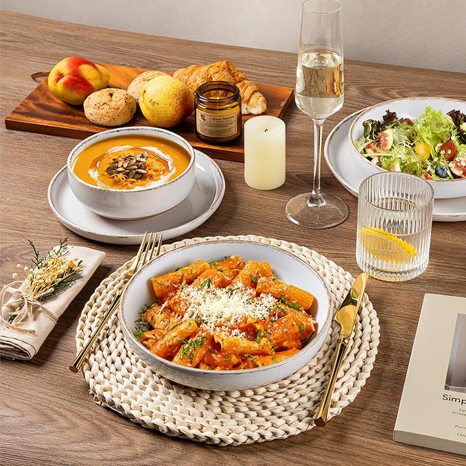 AmorArc 24 Pieces Ceramic Dinnerware Sets for 6, Handpainted Plates and Bowls Set with Rustic Terracotta Underside, Scratch Resistant Stoneware Dishes Set, Dishwasher & Microwave Safe, White