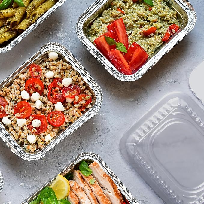 Aluminum Pans With Plastic Dome Lids - 50 Count - 1LB Oblong Pans (5"x4")- To Go Containers With Lids - Disposable Tin Foil Pans - Perfect For Catering, Meal Prep, Baking, Freezer Safe