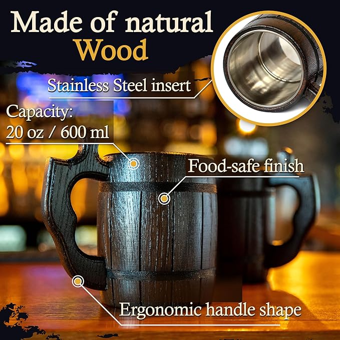 Set of 6 Beer Mug 20 OZ - Tankard Mug - Beer stein - Wooden beer mug - Stainless Steel Cup - Handmade Gifts for Men - Fathers Day, Christmas or Birthday Gift Idea - Barrel Brown