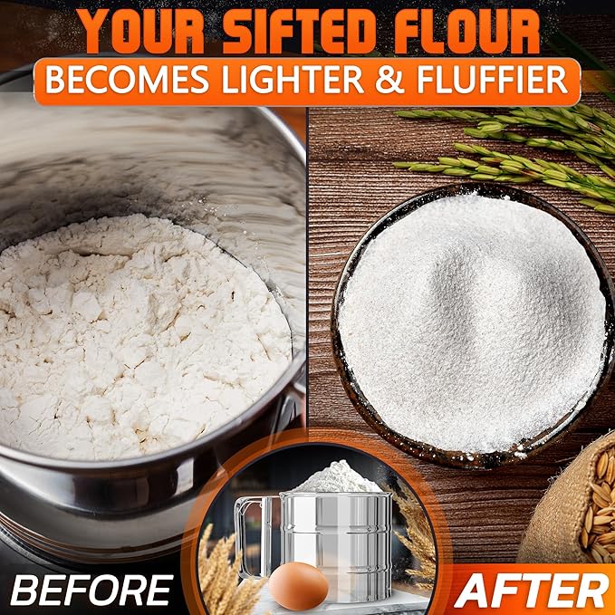 Flour Sifter for Baking – 3 Cup Flour Sifter Stainless Steel with Dual-Blade, Ergonomic Handle, Reinforced Base, Rust-Resistant and Easy to Wash – For Powdered Sugar, Cocoa, and Daily Baking Tasks