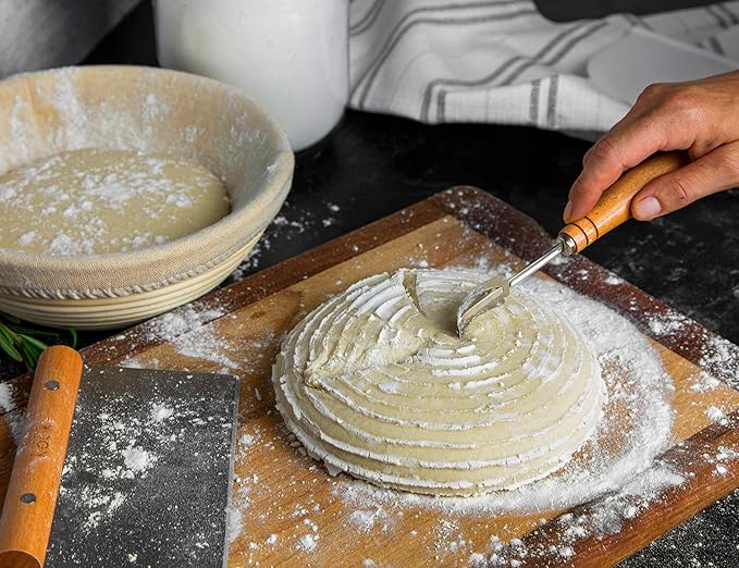 Kook Proofing Set, Sourdough Bread, 1 Rattan 9 Inch Banneton Basket, 1 Basket Cover, Metal Scraper, Plastic Scraper, Scoring Lame, 5 Blades and Case, Baking Kit, Dough Bowls, Round Shape