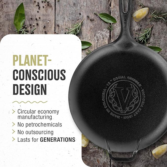 Victoria 12-Inch Cast Iron Comal Pizza Pan with a Long Handle and a Loop Handle, Preseasoned with Flaxseed Oil, Made in Colombia