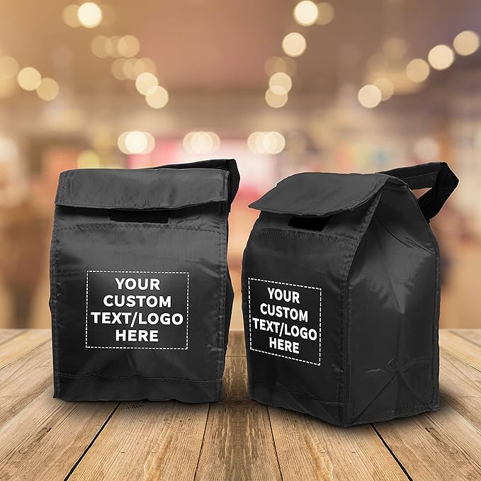 DISCOUNT PROMOS 10 Hook and Loop Insulated Lunch Bags Set - Customizable Text, Logo - Polyester, Durable, Vibrant, Reusable - Black