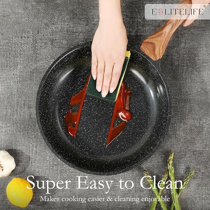 ESLITE LIFE Nonstick Ceramic Frying Pan Skillet with Lid, Non-Toxic Egg Omelette Kitchen Cooking Pans Compatible with All Stovetops (Gas, Electric & Induction), PTFE & PFOA Free (Black, 9.5" w/Lid)