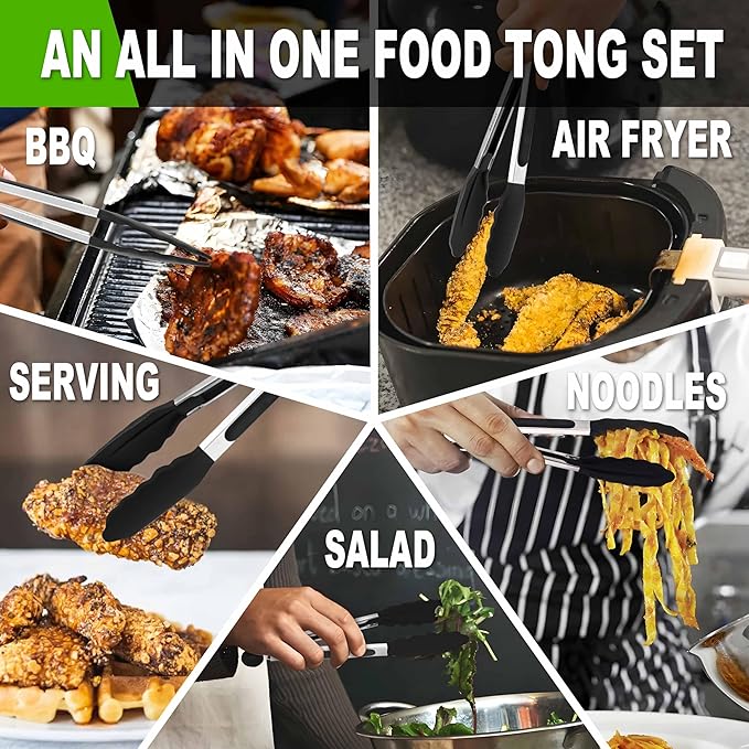 Anaeat Non-Stick Silicone Locking Tong Set of 3 - Stainless Steel 7", 9", 12" Kitchen Food Tongs with Non-Slip Silicone Tips and Grip for Cooking, Baking and BBQ - Heat Resistant up to 480°F (Black)