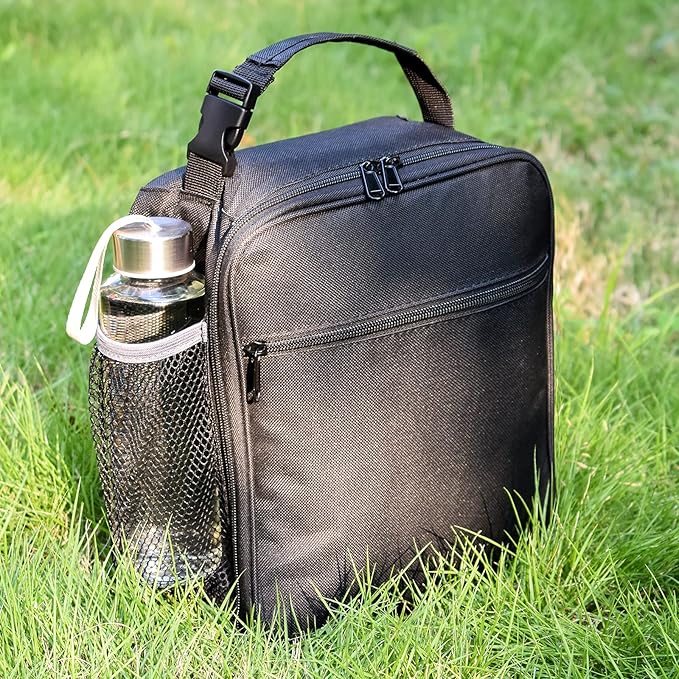 Insulated Lunch Bag, Leakproof Portable Lunch Box for Women Men Boys Girls, Large Capacity Cooler Bag with Handle and Bottle Pocket for Office School Camping Hiking Outdoor Beach Picnic (Black)