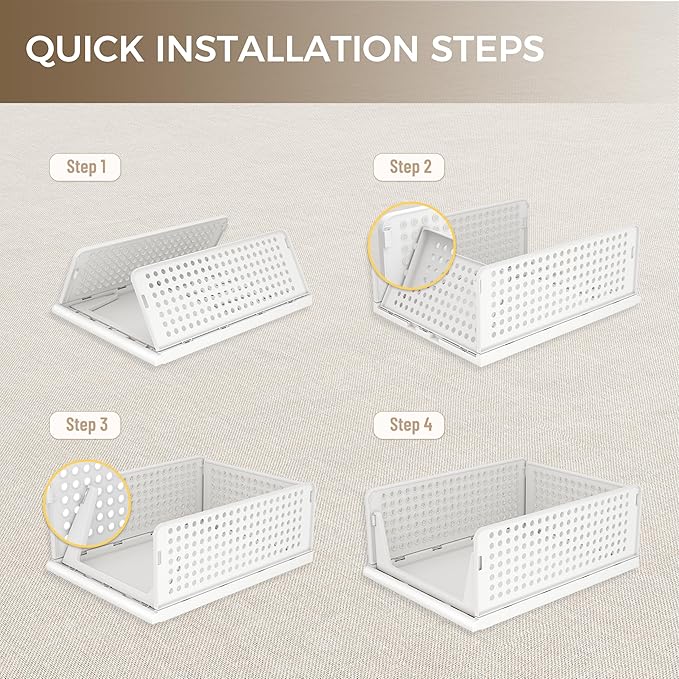 Pinkpum 6 Pack Closet Organizers Storage Box, Stackable Plastic Drawer Basket for Clothing, Stackable Storage Bins Shelf Storage Container for Closet Wardrobe Bedroom Bathroom Office White