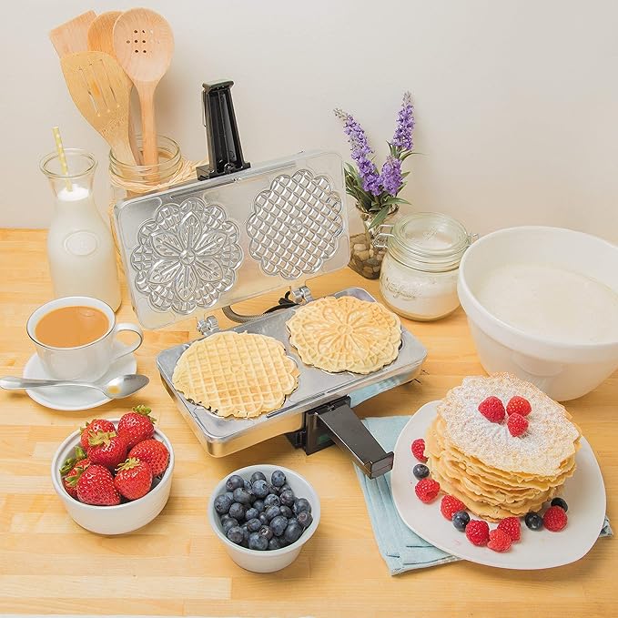 Pizzelle Maker- Polished Electric Holiday Baker Press Makes Two 5-Inch Cookies at Once- Christmas Baking Supplies for Party- Italian Dessert Treat Making with Recipe Guide- Cookie Swap Gift for Her