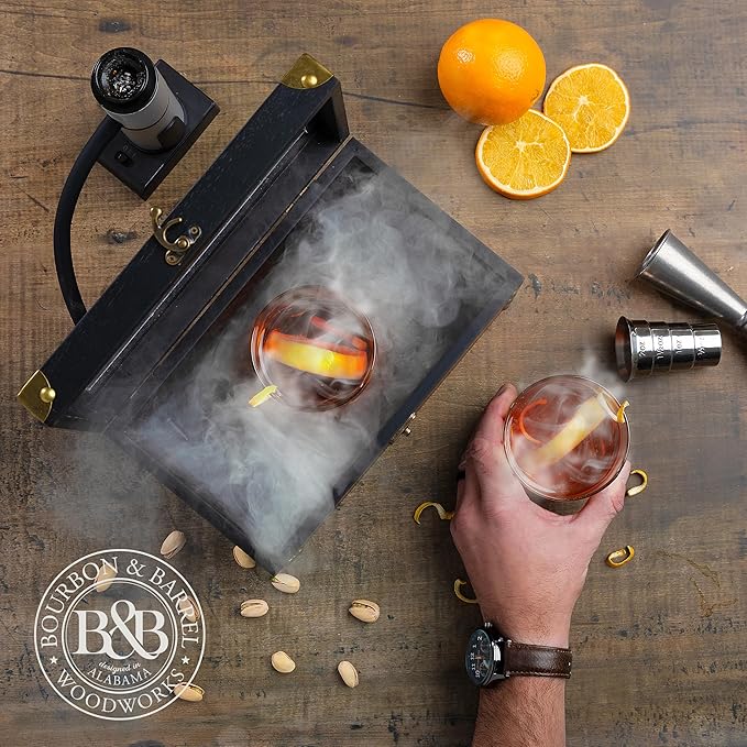 BOURBON&BARREL Cocktail Smoker Kit | Crafted with Walnut Wood | Whiskey Smoker Kit with Instant Smoker, Smoking Box, Food Tray and 4 Varieties of Wood Chips | Old Fashioned Drink Smoker Kit [Black]