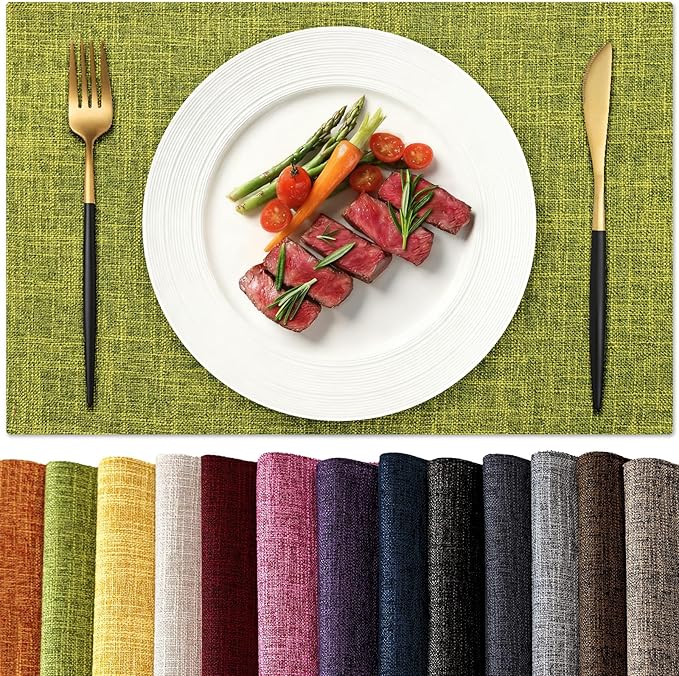 KXN Placemats Set of 6, Dual-Layer Thickened Faux Linen Table Mats, Heat Resistant & Wrinkle-Free, Machine Washable Cloth Place Mats for Kitchen Dining Indoor Outdoor (Green)