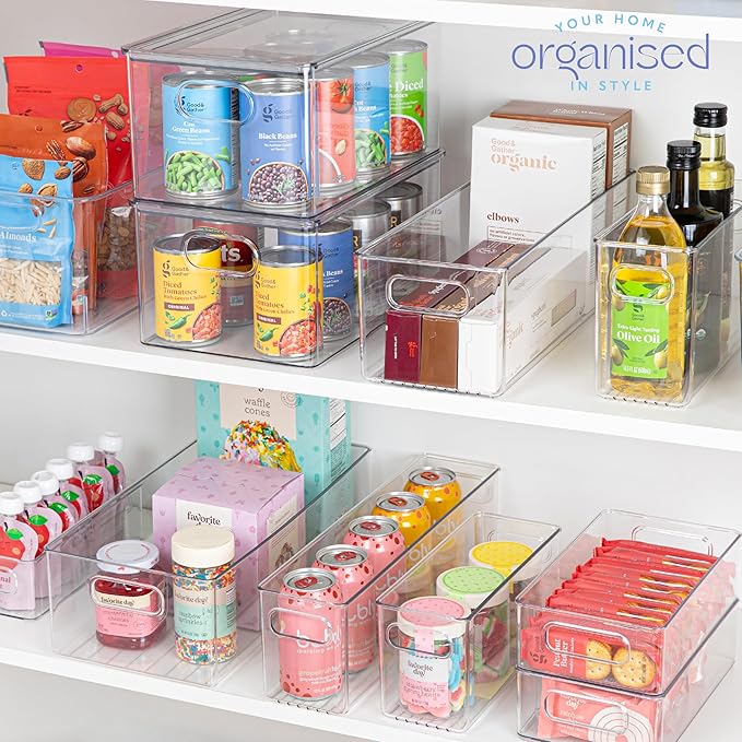 Plastic Food Storage 2 Pack Clear Container Bin with Handles for Organizing Kitchen, Pantry, Refrigerator, Freezer, Pantry, Cabinet, Closet, Bathroom. 14”x4”x5”