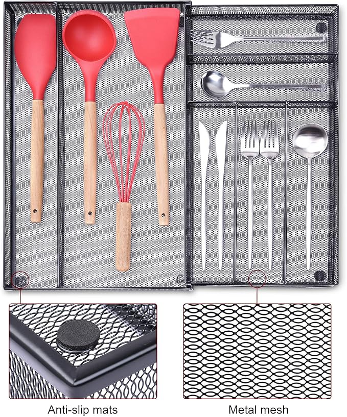 WuGeShop Expandable Mesh Silverware Drawer Organizer, Adjustable Metal Kitchen Cutlery Tray, Flatware Utensil Organizer with Non-slip Rubber Feet (Black, 7 Compartments)