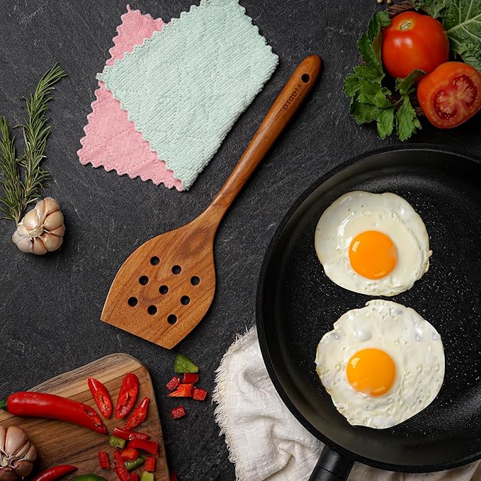 Teak Wooden Spatula for Cooking – Natural Non-Stick, Handcrafted Kitchen Utensils with Round Slotted Turner, Comfort Grip & Microfiber Cloth